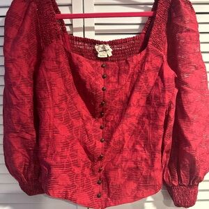 Red Smocked Puff Sleeve Blouse